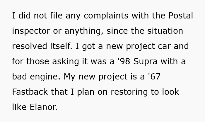 Text explaining a resident's new project car, a '67 Fastback, revealing details about the HOA scheme.