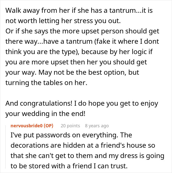 A bride shares steps taken to prevent her future MIL from taking over the wedding, including hiding decorations and her dress. A bride shares steps taken to prevent her future MIL from taking over the wedding, including hiding decorations and her dress.