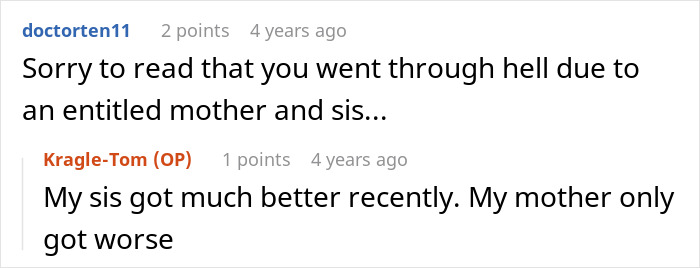A screenshot of a Reddit comment expressing sympathy for someone with a spoiled sister and enabling mom. A screenshot of a Reddit comment expressing sympathy for someone with a spoiled sister and enabling mom.