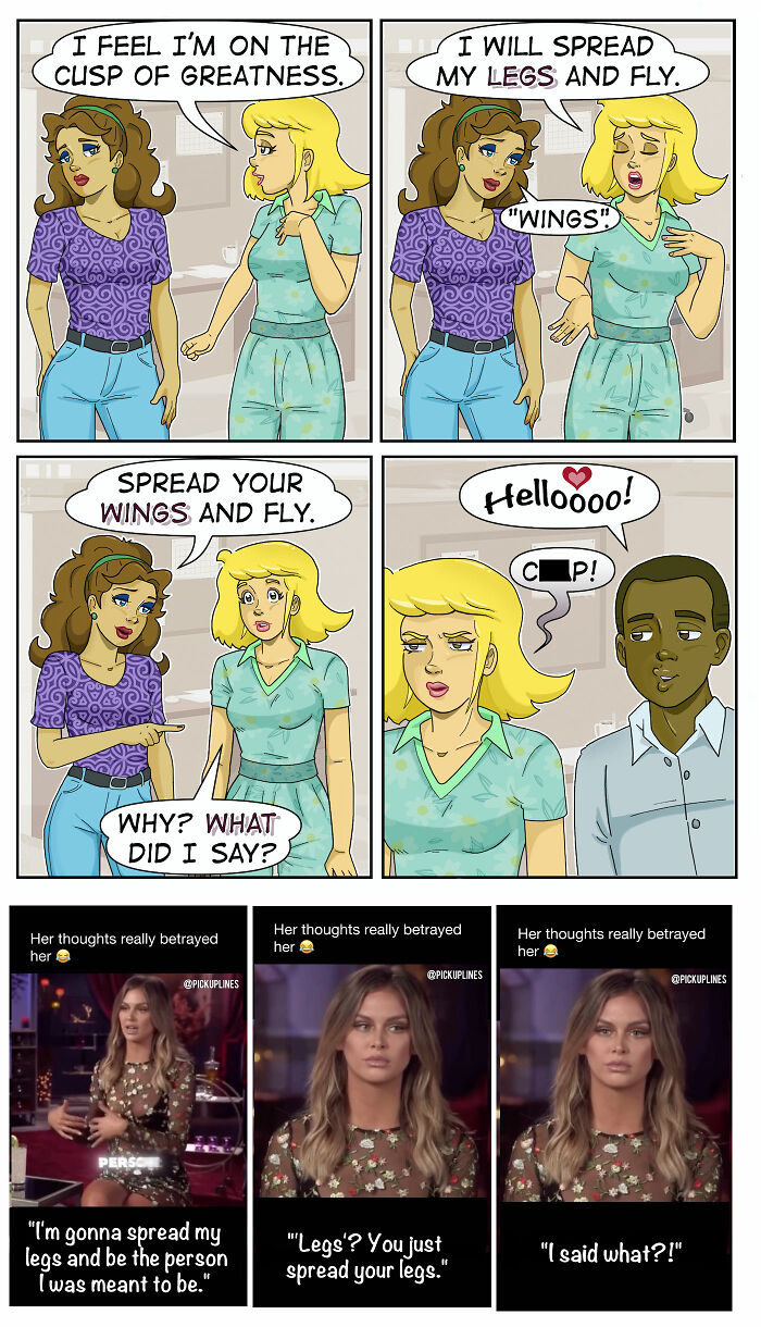 A comic strip about sarcasm and awkward moments showing a woman misinterpreting another woman's words about spreading legs.