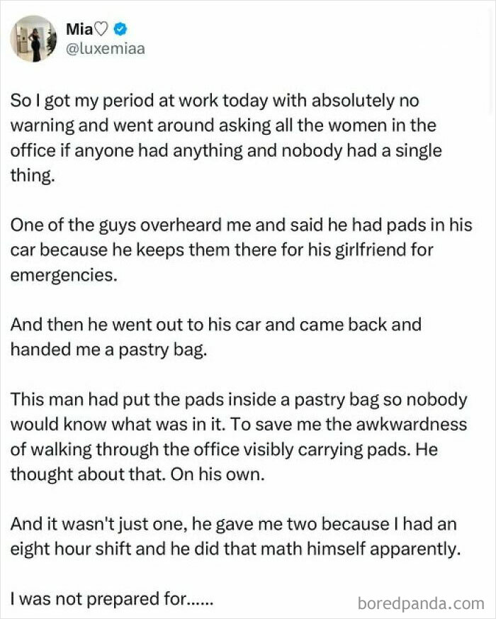 A wholesome post about a thoughtful coworker providing pads in a pastry bag.