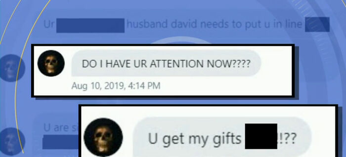 A screenshot of harassing messages, including Do I have ur attention now????, illustrating the eBay campaign.