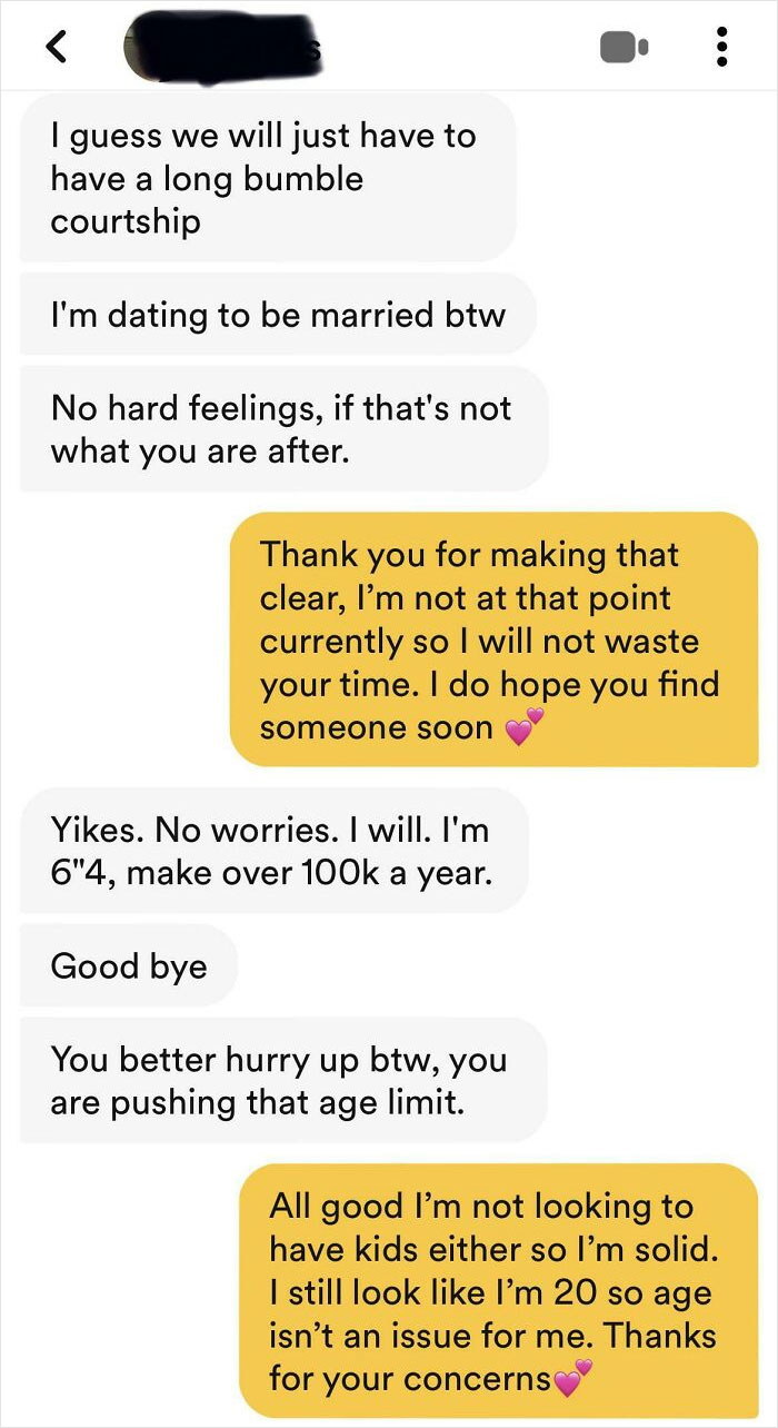 A cringey screenshot of an online dating conversation showing a user bragging about their height, income, and age.