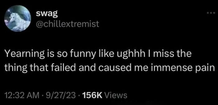 A serotonin meme on Twitter discussing the humor in yearning for painful things, bringing comfort.