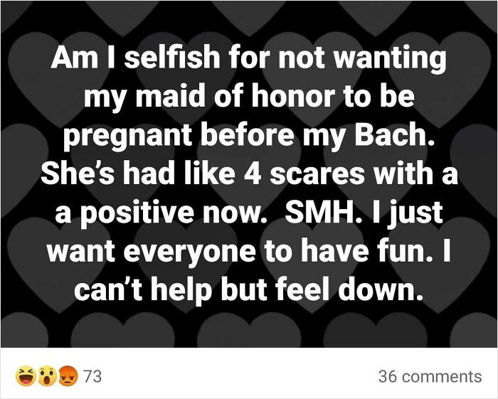 A screenshot of a post where someone asks if they are selfish for not wanting their maid of honor to be pregnant before their wedding.