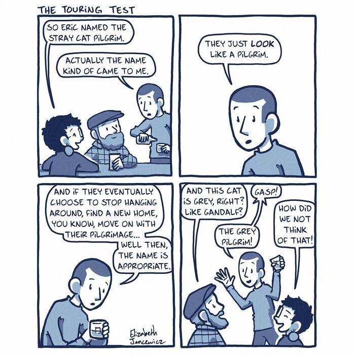 A comic series showing an artist and friends discussing the name Pilgrim for the stray cat, linking it to Gandalf the Grey. A comic series showing an artist and friends discussing the name Pilgrim for the stray cat, linking it to Gandalf the Grey.