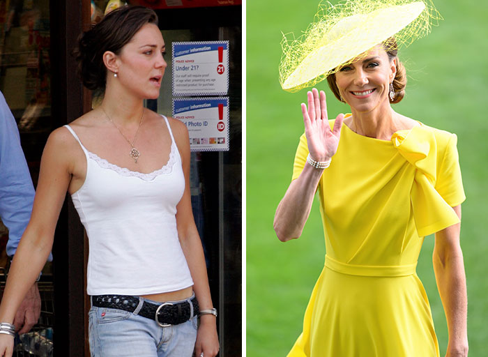 Kate Middleton's before and after fame transformation showcasing her evolving celebrity style.