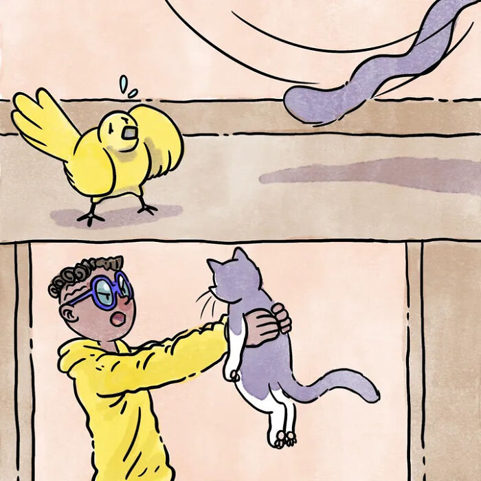 Heartwarming comics: a person with blue glasses holds a cat, keeping it away from a surprised yellow bird. Heartwarming comics: a person with blue glasses holds a cat, keeping it away from a surprised yellow bird.