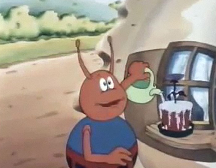 An animated bug watering a plant in a pot, illustrating people describing things in unhinged ways.