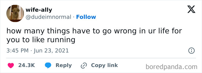 A surprisingly honest post by wife-ally humorously questioning how many things must go wrong to like running.