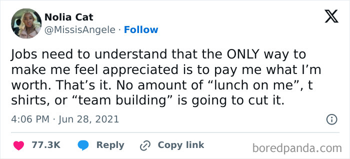 An honest post from Nolia Cat stating that true appreciation in jobs comes from being paid what you are worth, not from team building or lunches.