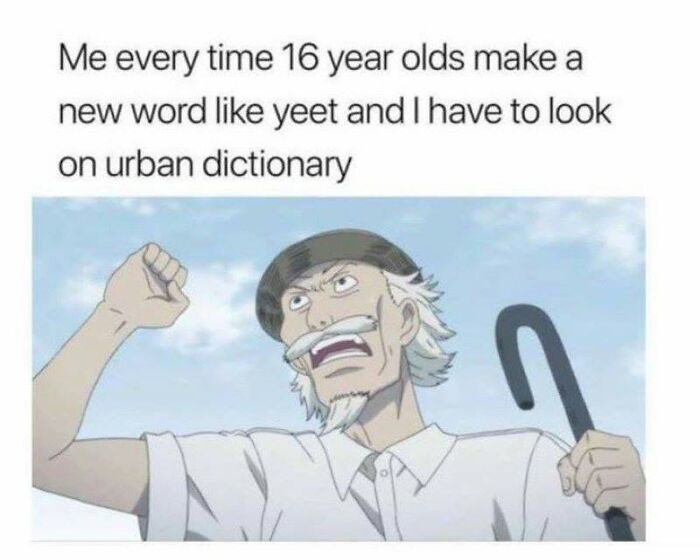A meme with an angry anime old man clutching a cane, representing Gen X frustration with new words.