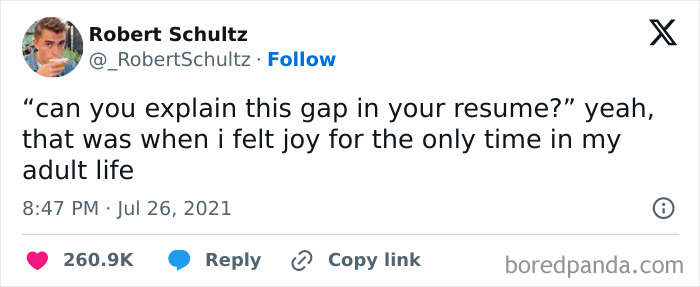 A meme queen post showing a tweet about explaining a resume gap as the only time an adult felt joy, humorously relatable.