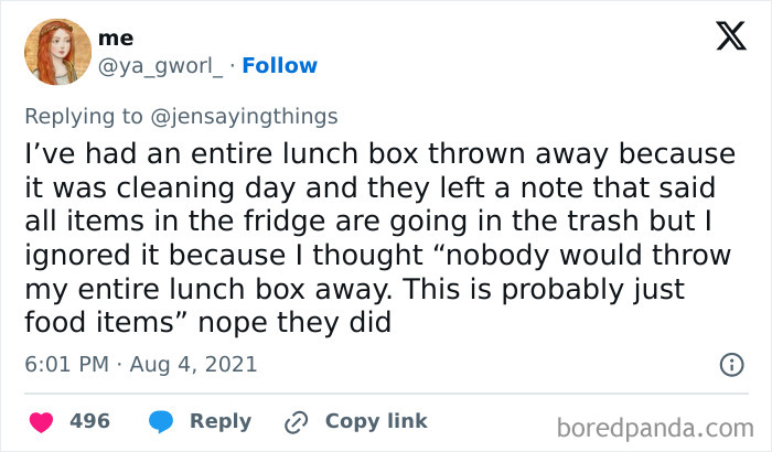 A tweet discussing an office food thief scenario where a lunch box was thrown out during a fridge cleaning, part of office food thief stories.