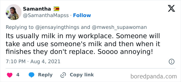 A social media post about an office food thief who never replaces the milk they take, highlighting annoying workplace theft.