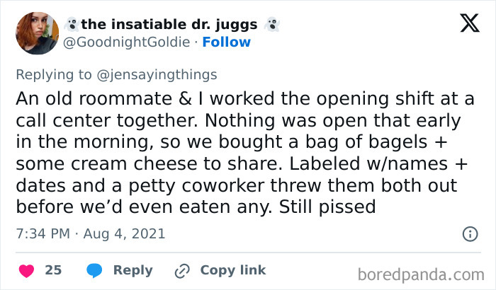 A tweet about an office food thief throwing out labeled bagels and cream cheese, highlighting office food thief stories.