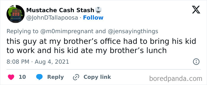 A tweet about an office food thief, where a coworker's child ate someone's lunch at the office.