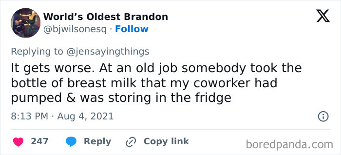 A social media post sharing a story about an office food thief who took a coworker's pumped breast milk from the fridge.