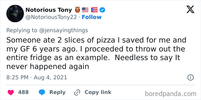 A tweet detailing a drastic response to an office food thief, throwing out the fridge after pizza was stolen, from office food thief stories.