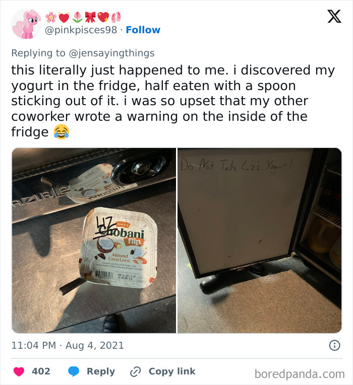 A tweet showing half-eaten yogurt and a note warning, Do Not Take Liz's Yogurt!, illustrating office food thief stories.