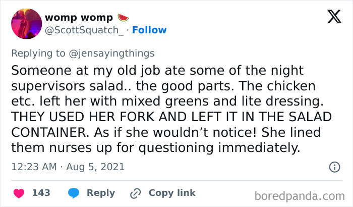 A social media post recounting an office food thief who ate parts of a supervisor's salad, leaving a used fork, leading to questioning.