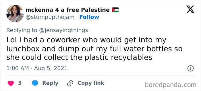 A social media post shares an office food thief story about a coworker dumping out water bottles for recyclables.