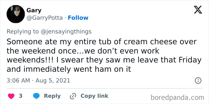 A social media post describes an office food thief story where a tub of cream cheese was eaten over the weekend.