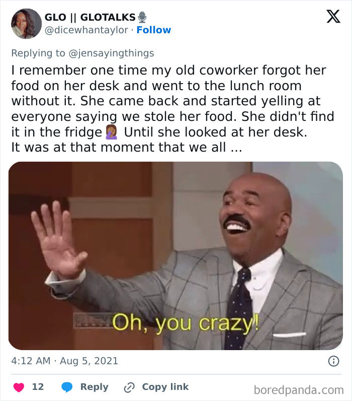 A tweet featuring a Steve Harvey meme, related to office food thief stories and a coworker falsely accusing others of stealing.