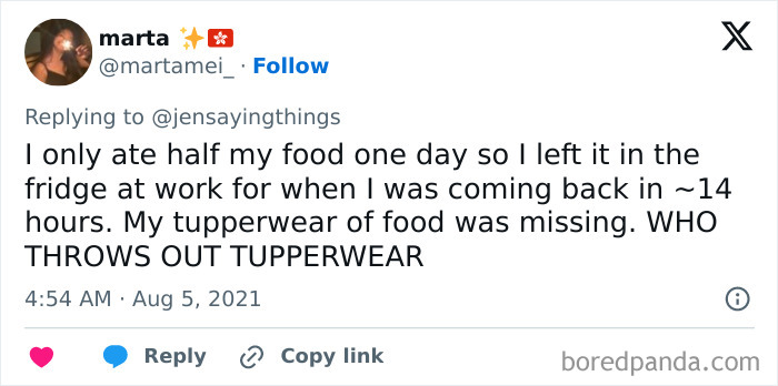 A tweet from marta_ detailing an office food thief story about missing food from the work fridge.