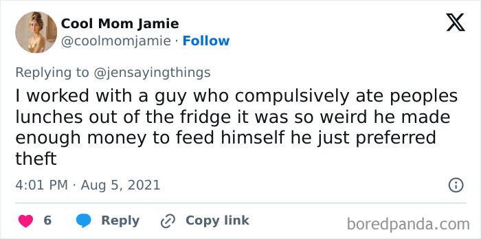 A social media post describing an office food thief who compulsively ate lunches from the fridge, demonstrating workplace food theft.