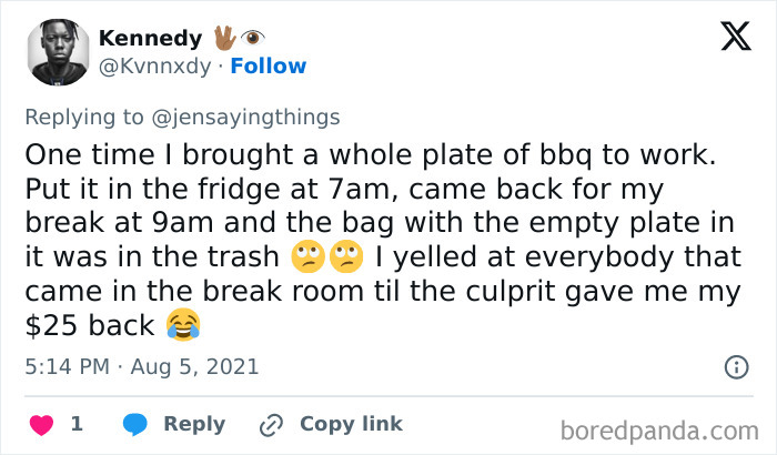 A tweet from Kennedy sharing an office food thief story where a BBQ plate was stolen and found in the trash.