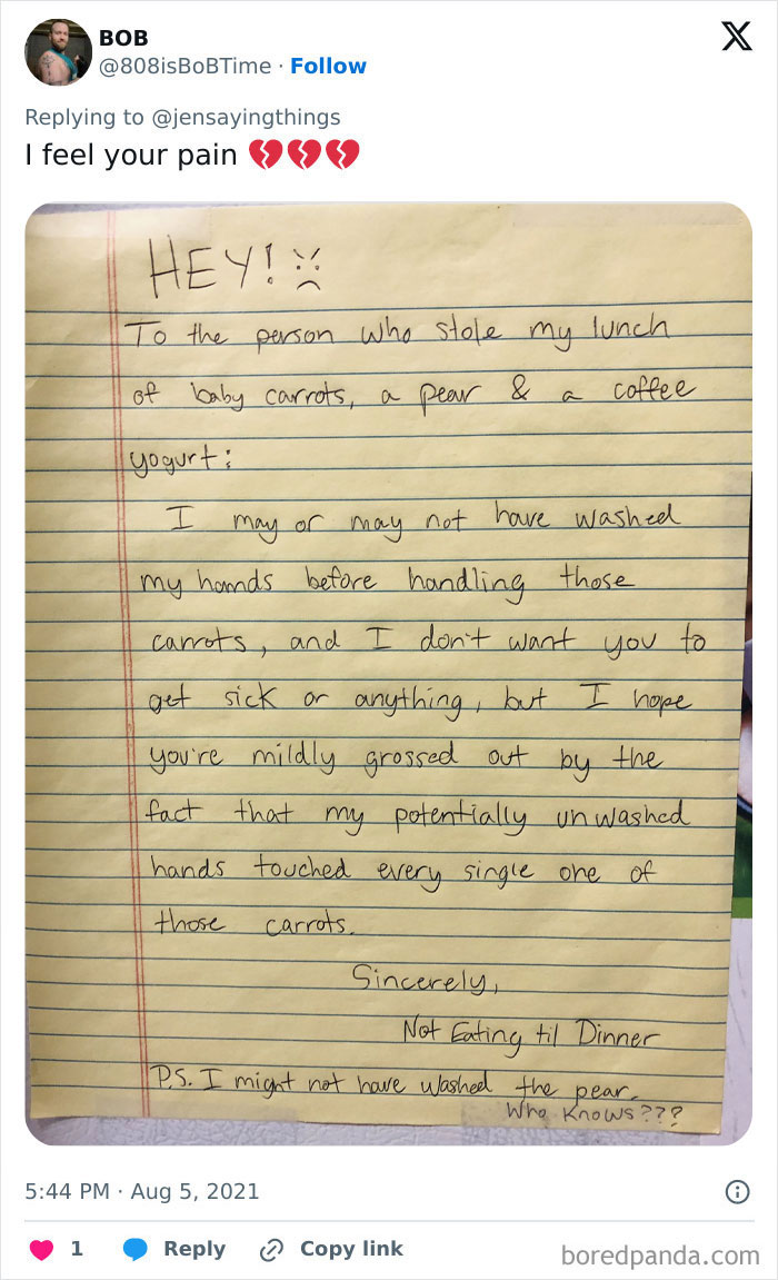 A handwritten note in an office food thief story, warning the thief about unwashed hands on stolen lunch items.