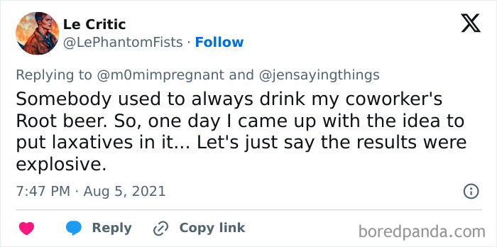 A tweet about an office food thief who drank a coworker's root beer, leading to a prank with laxatives.