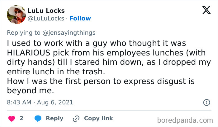 A social media post details an office food thief story about an employee picking from lunches with dirty hands.