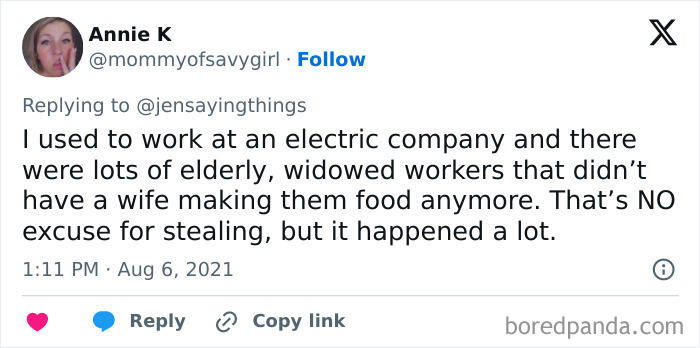 A tweet from Annie K explaining how elderly, widowed workers stole food at her old job, contributing to office food thief stories.