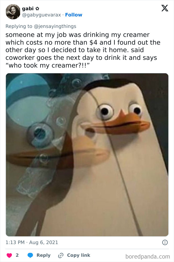 A social media post with a meme about an office food thief who stole creamer, prompting the owner to take it home.