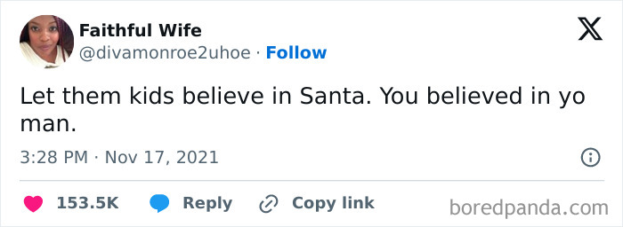 A surprisingly honest post by Faithful Wife on Twitter, advising to let kids believe in Santa.