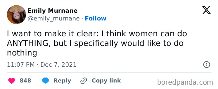 A surprisingly honest post by Emily Murnane on Twitter about women doing anything, but wanting to do nothing.