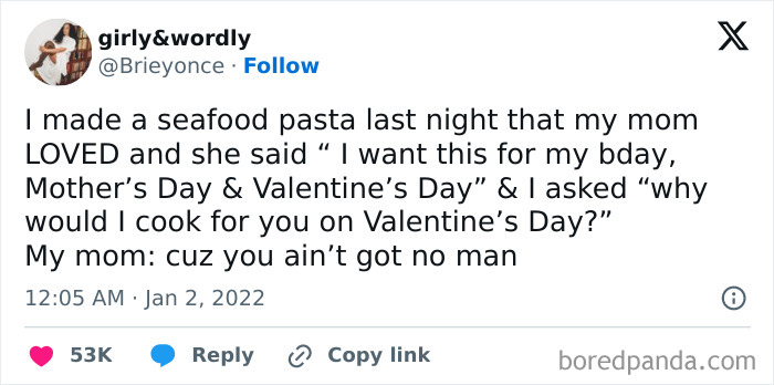 A surprisingly honest post by girly&wordly on Twitter, sharing a humorous interaction with her mom about Valentine's Day.