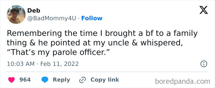 A Twitter post from Deb sharing a surprisingly honest post about a boyfriend and a parole officer.