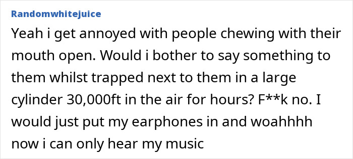 Online comment from a user named Randomwhitejuice about chewing with mouth open on a plane, sparking a viral debate.