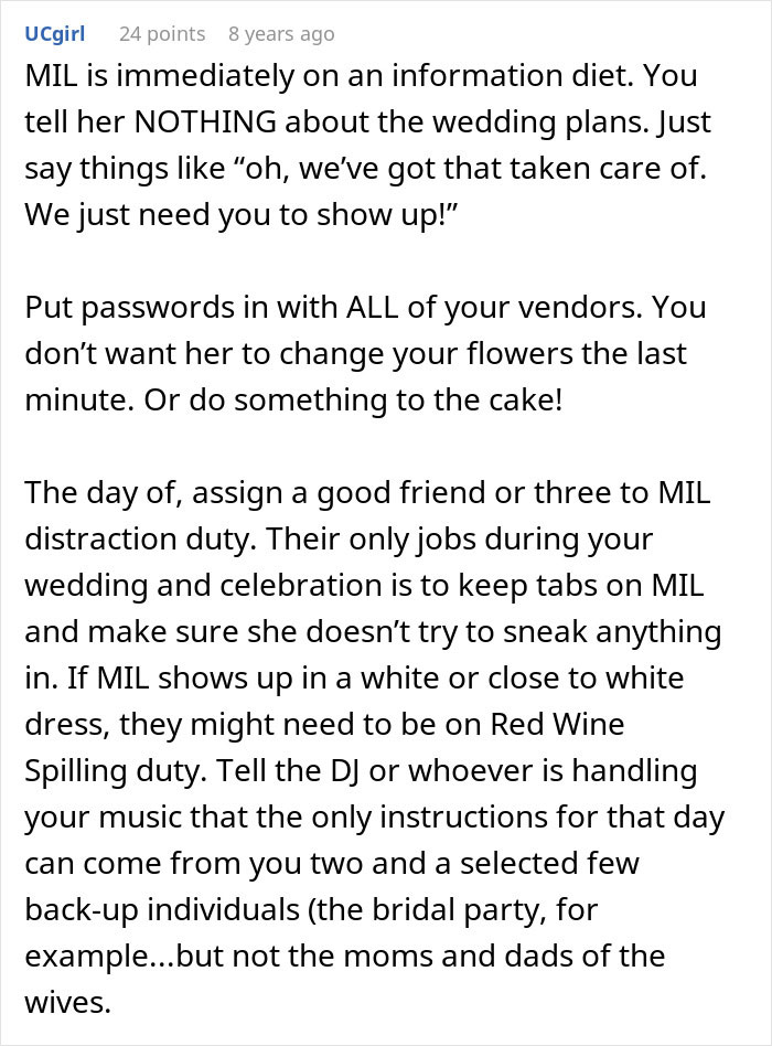 A comment about MIL being on an information diet for the wedding, with MIL distraction duty and vendor passwords. A comment about MIL being on an information diet for the wedding, with MIL distraction duty and vendor passwords.