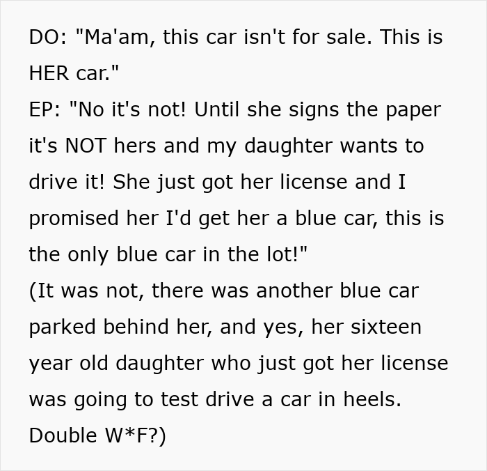 Entitled Mom Desperately Wants “A Blue Car” For Daughter, Even Though It Has An Owner Already Entitled Mom Desperately Wants “A Blue Car” For Daughter, Even Though It Has An Owner Already