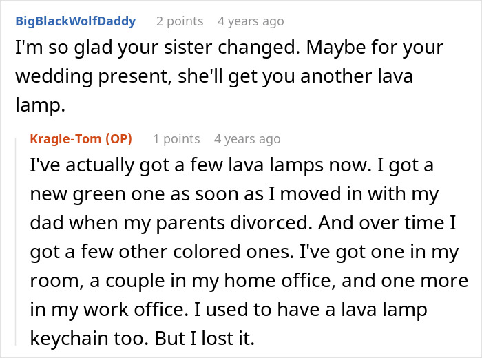 A screenshot showing a Reddit comment about a spoiled sister and enabling mom, mentioning lava lamps as gifts. A screenshot showing a Reddit comment about a spoiled sister and enabling mom, mentioning lava lamps as gifts.