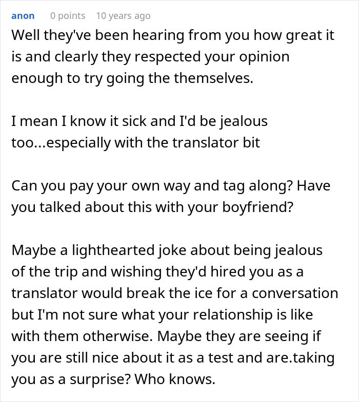 Screenshot of a Reddit comment advising the woman on her boyfriend's family's cruel plan and dealing with jealousy. Screenshot of a Reddit comment advising the woman on her boyfriend's family's cruel plan and dealing with jealousy.