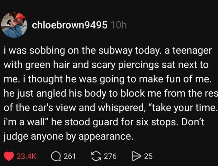 A social media post detailing a teenager's unexpected kindness on the subway, a truly wholesome post.