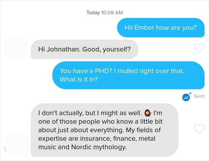 A cringey screenshot of an online dating conversation where a user describes themselves as a jack of all trades.