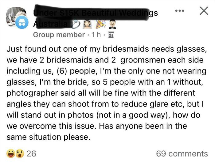 A social media post from a bride complaining about bridesmaids wearing glasses and how it will affect wedding day photos.