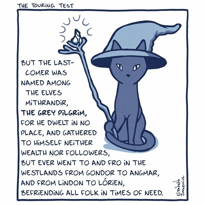 A heartwarming comic series showing a stray cat dressed as Gandalf, sitting with a staff. A heartwarming comic series showing a stray cat dressed as Gandalf, sitting with a staff.