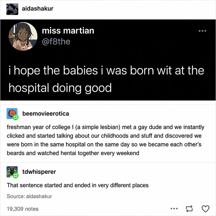 A funny Tumblr post about babies born at the same hospital, a lesbian and gay man, and their unique friendship.